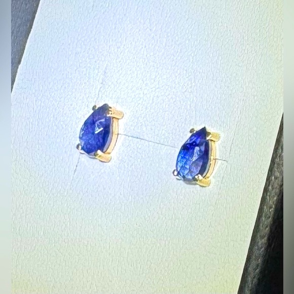 14K Natural Sapphire Rose Cut Teardrop Earrings.  Unique Pear Sapphire Studs. - Picture 2 of 5